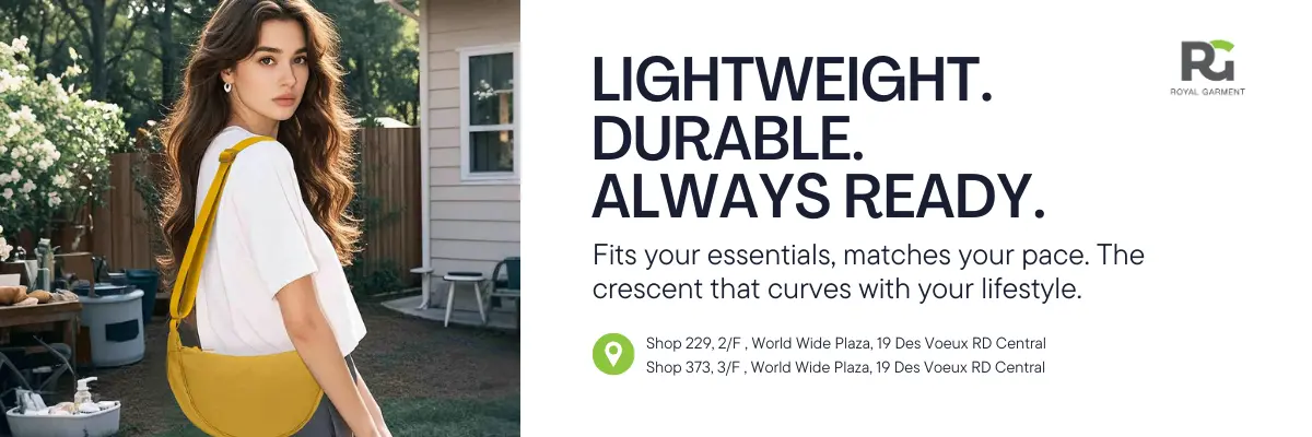 Royal Garment ad featuring a yellow crescent-shaped bag worn outdoors with a white shirt. Highlights lightweight durability and lifestyle flexibility.